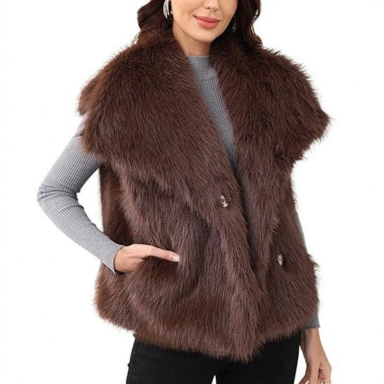 Ladies sleeveless long-pile faux fur vest with voluminous shawl collar Mune Fashion