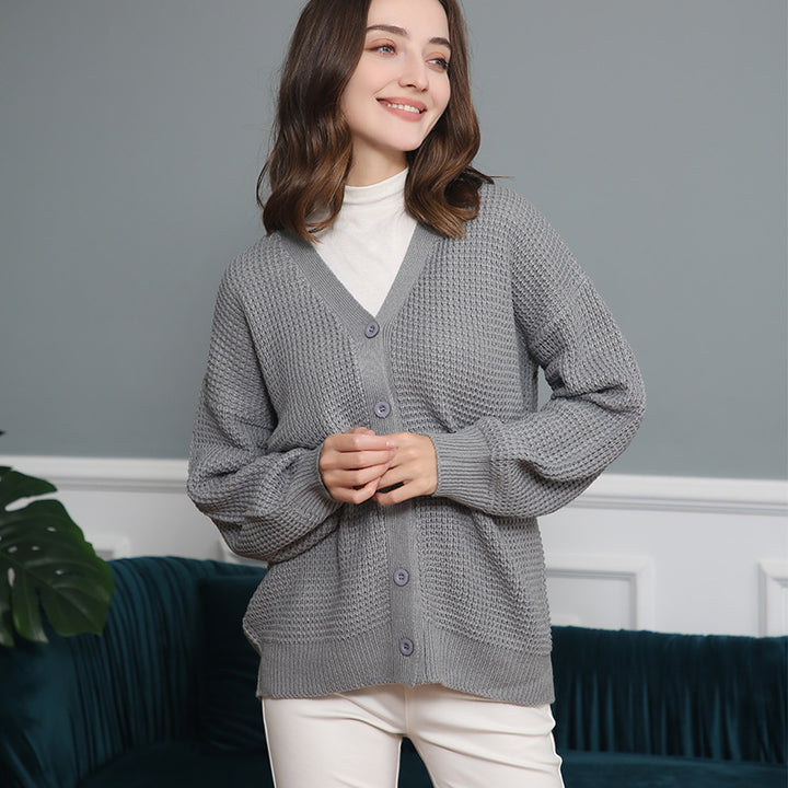 Women Waffle Structure Cardigan with Deep V Neck and Boxy Oversized Cut Mune Fashion