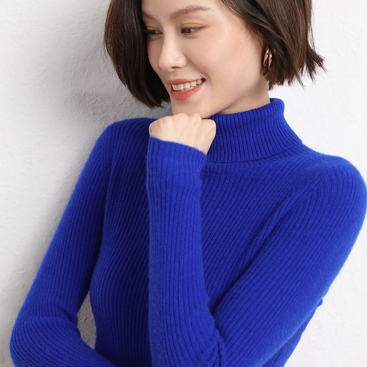 Women's Tailored Fine Knit Turtleneck Sweater with Fine Ribbed Texture and Cashmere Look Mune Fashion