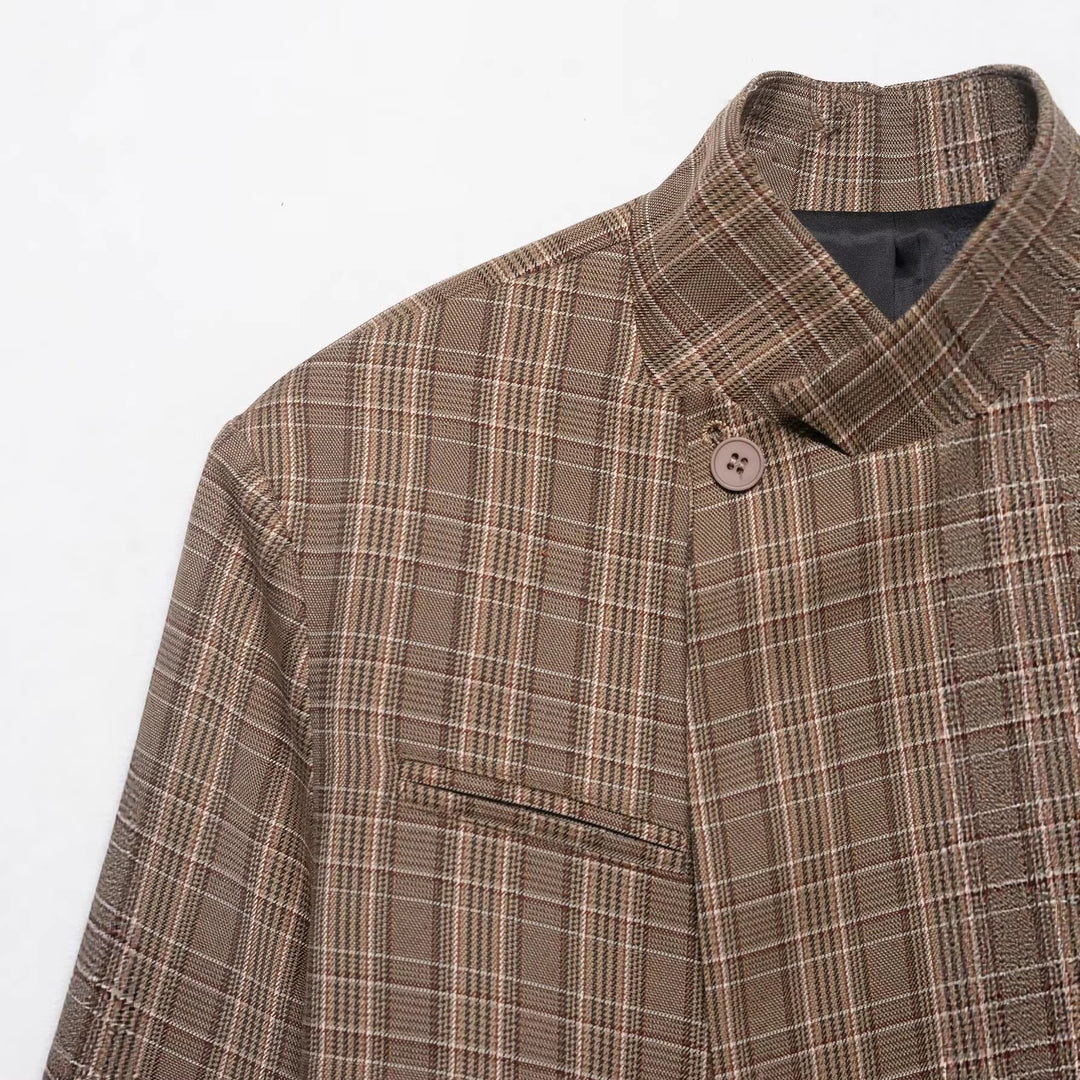 Women's Oversized Glencheck Blazer with Stand Collar and Asymmetrical Button Placket Mune Fashion