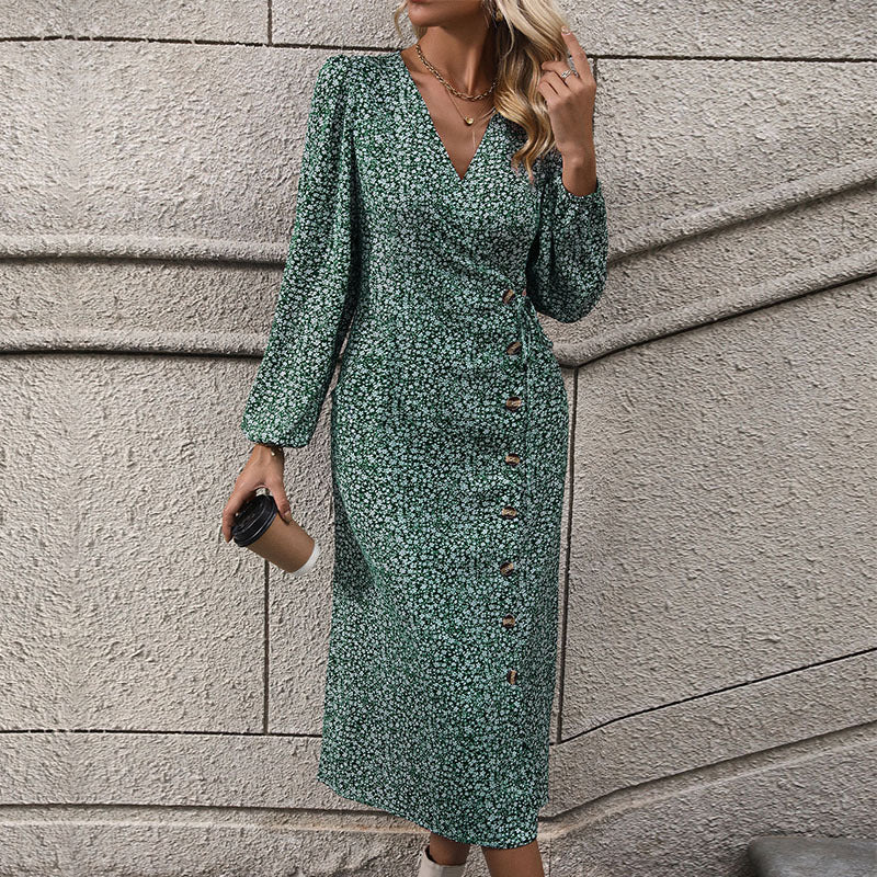 Women Floral Wrap Midi Dress with Asymmetrical Button Placket and Gathered Waist Mune Fashion
