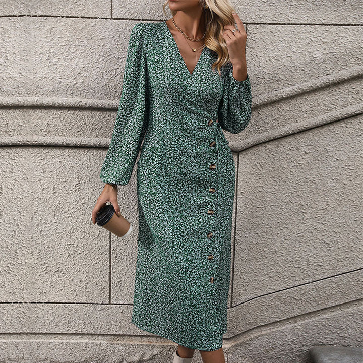 Women Floral Wrap Midi Dress with Asymmetrical Button Placket and Gathered Waist Mune Fashion