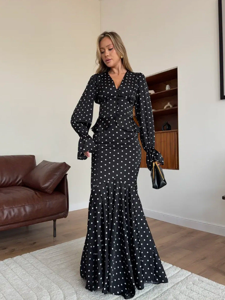 Women's Two-Piece Satin Set with Fitted Button Top and Mermaid Skirt Mune Fashion