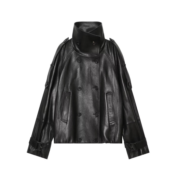 Women Oversize Leather Look Coat Cape with High Stand Collar and Double-Breasted Button Placket Mune Fashion