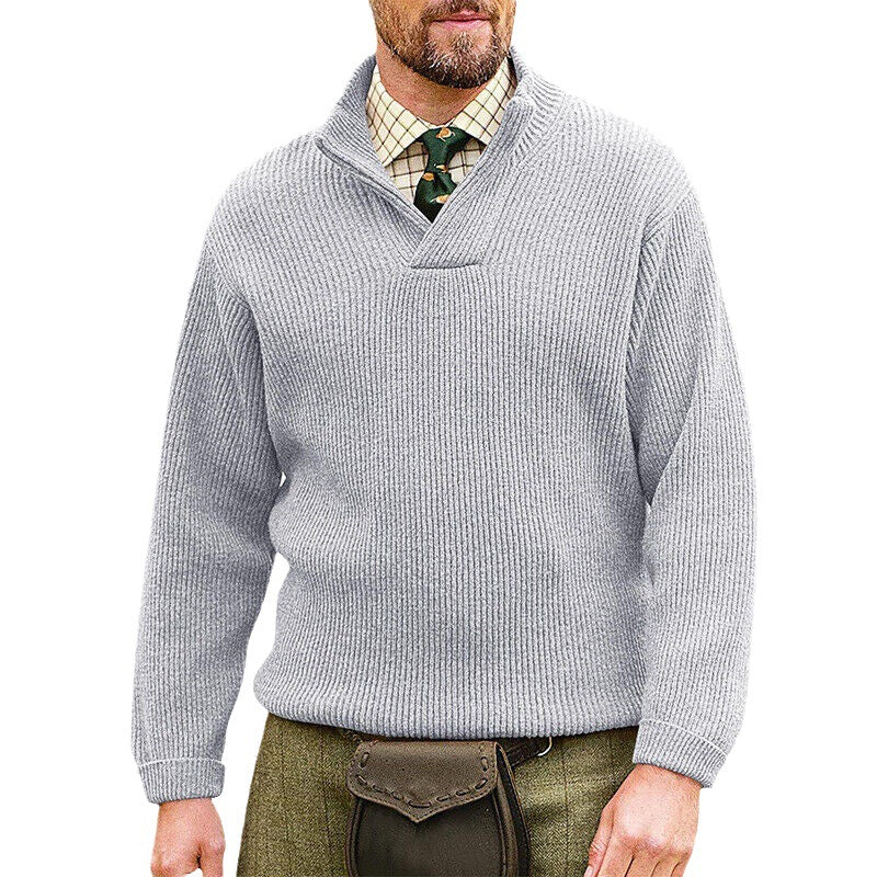Men's ribbed knit pullover with shawl collar and short V-neck Mune Fashion