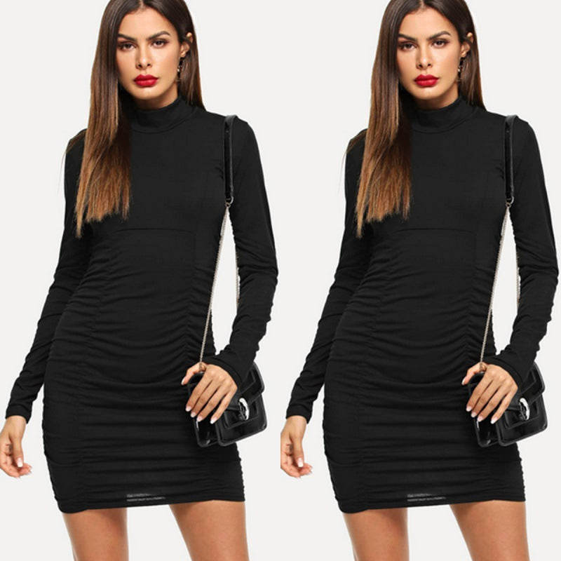 Women's Fitted Stretch Mini Dress with Stand-up Collar and Side Gather Mune Fashion