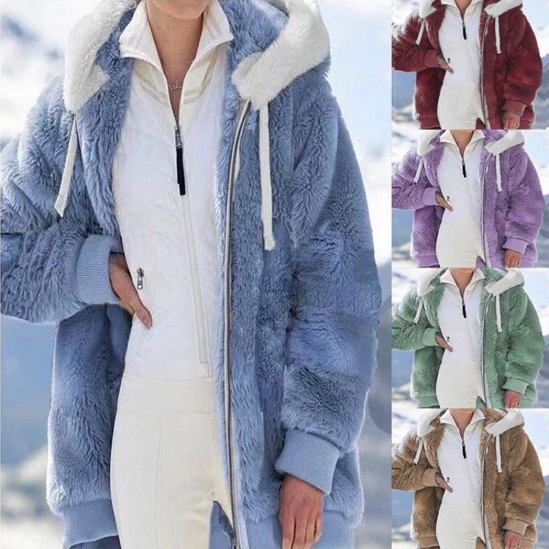 Women's Oversized Sherpa Zip Jacket with Contrast Collar, Ribbed Cuffs, and Drawstring Mune Fashion