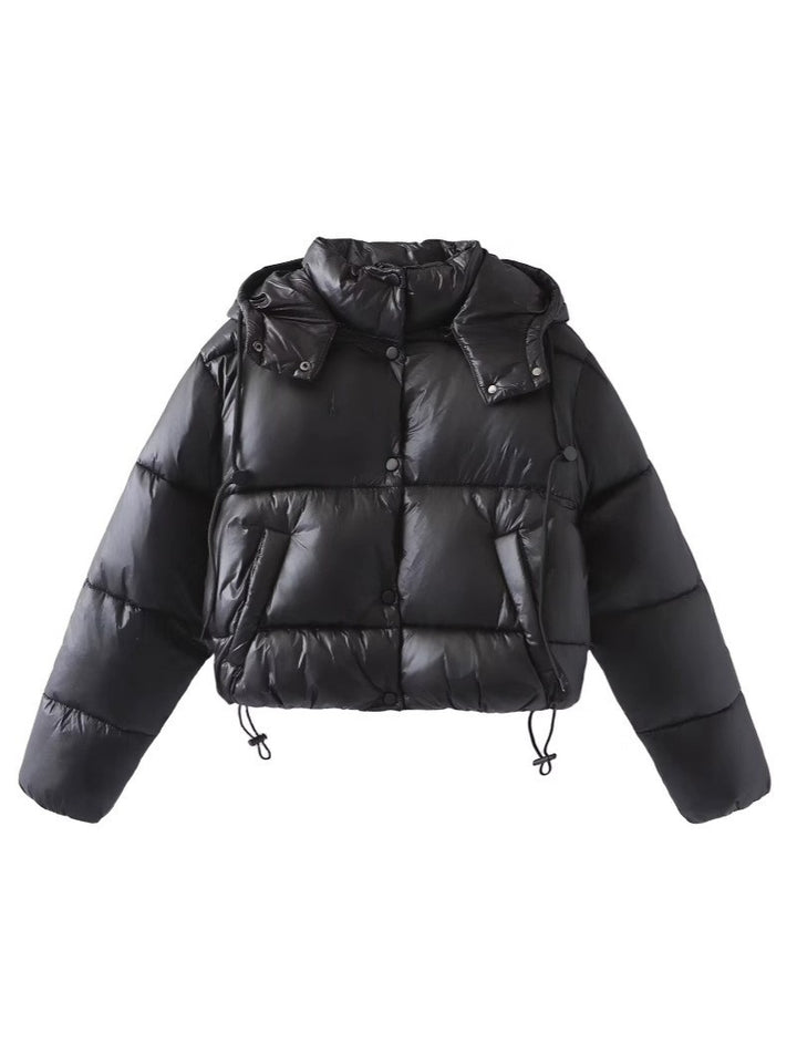 Women Shiny Cropped Puffer Jacket with Drawstring and Snap Button Placket Mune Fashion