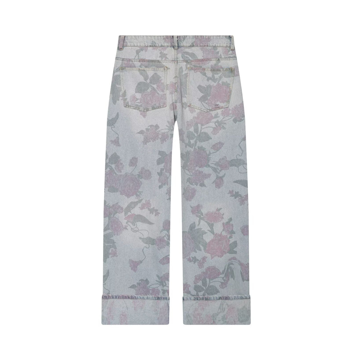 Ladies Wide Floral Print Denim Trousers with Straight Leg and Cuff Mune Fashion
