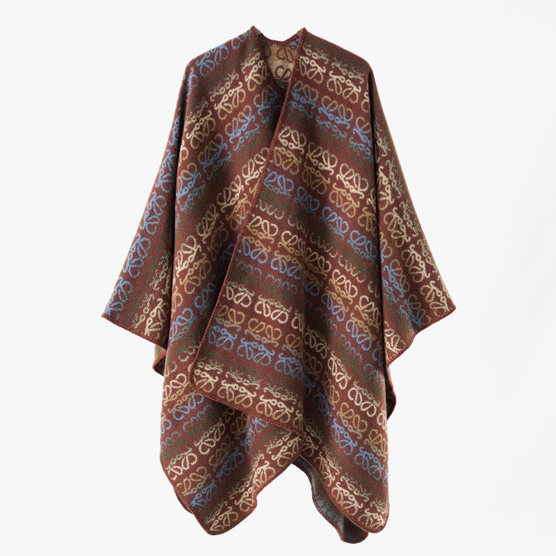 Women's overlay cape in jacquard knit with all-over monogram and soft drape
