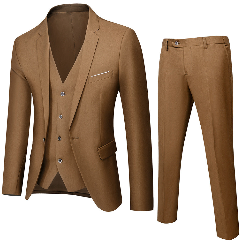 Men's three-piece business suit set with tailored single-breasted jacket, slim fit waistcoat, and elegantly cut suit pants Mune Fashion