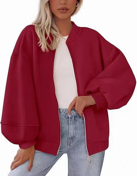 Women's Oversize Bomber Jacket with Balloon Sleeves and Zipper