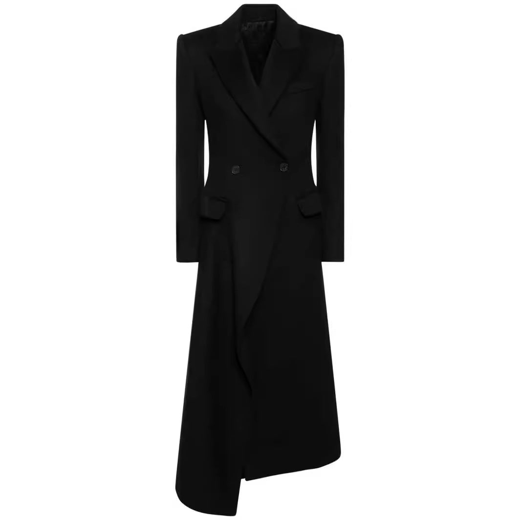 Women Maxilength Asymmetrical Double-breasted Blazer-Coat with Emphasized Shoulder Mune Fashion