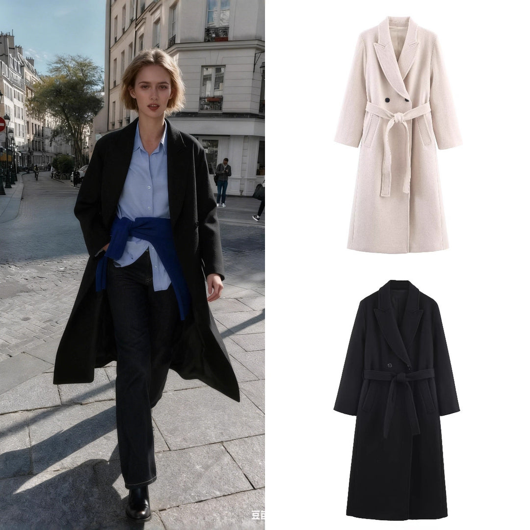 Women Long Tailored Wool Blend Coat with Tie Belt and Lapel Collar Mune Fashion