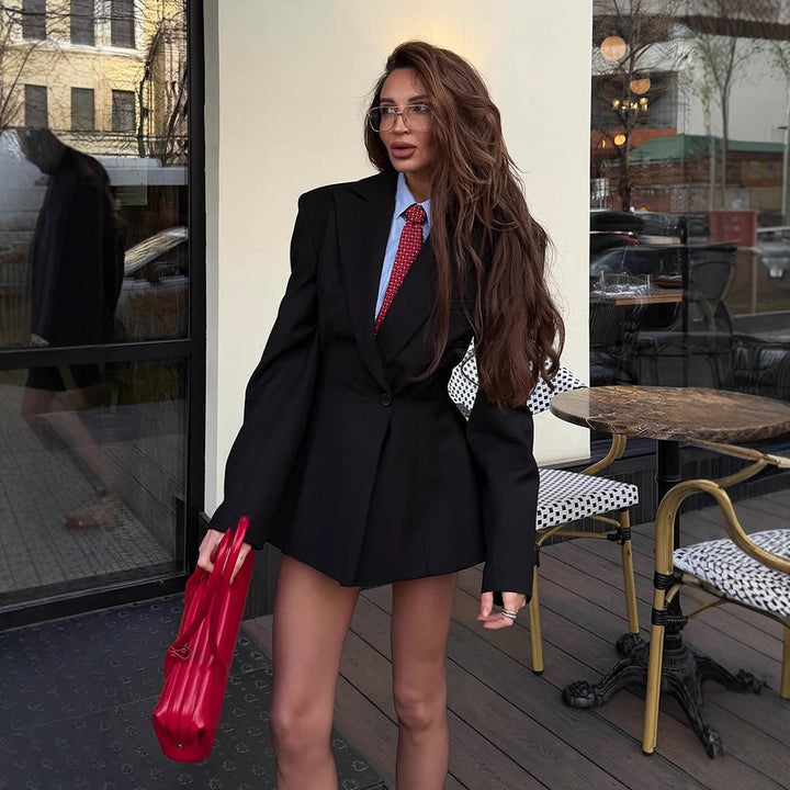 Women Tailored Blazer Dress with Distinctive Shoulder Part and One-Button Closure Mune Fashion