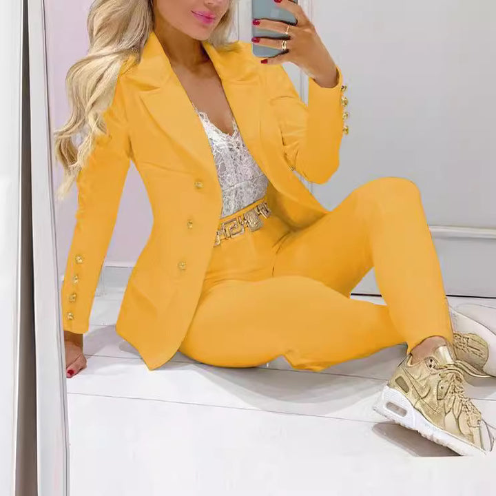 Women's fitted double-breasted blazer set with gold button detail and high-waisted slim pants Mune Fashion