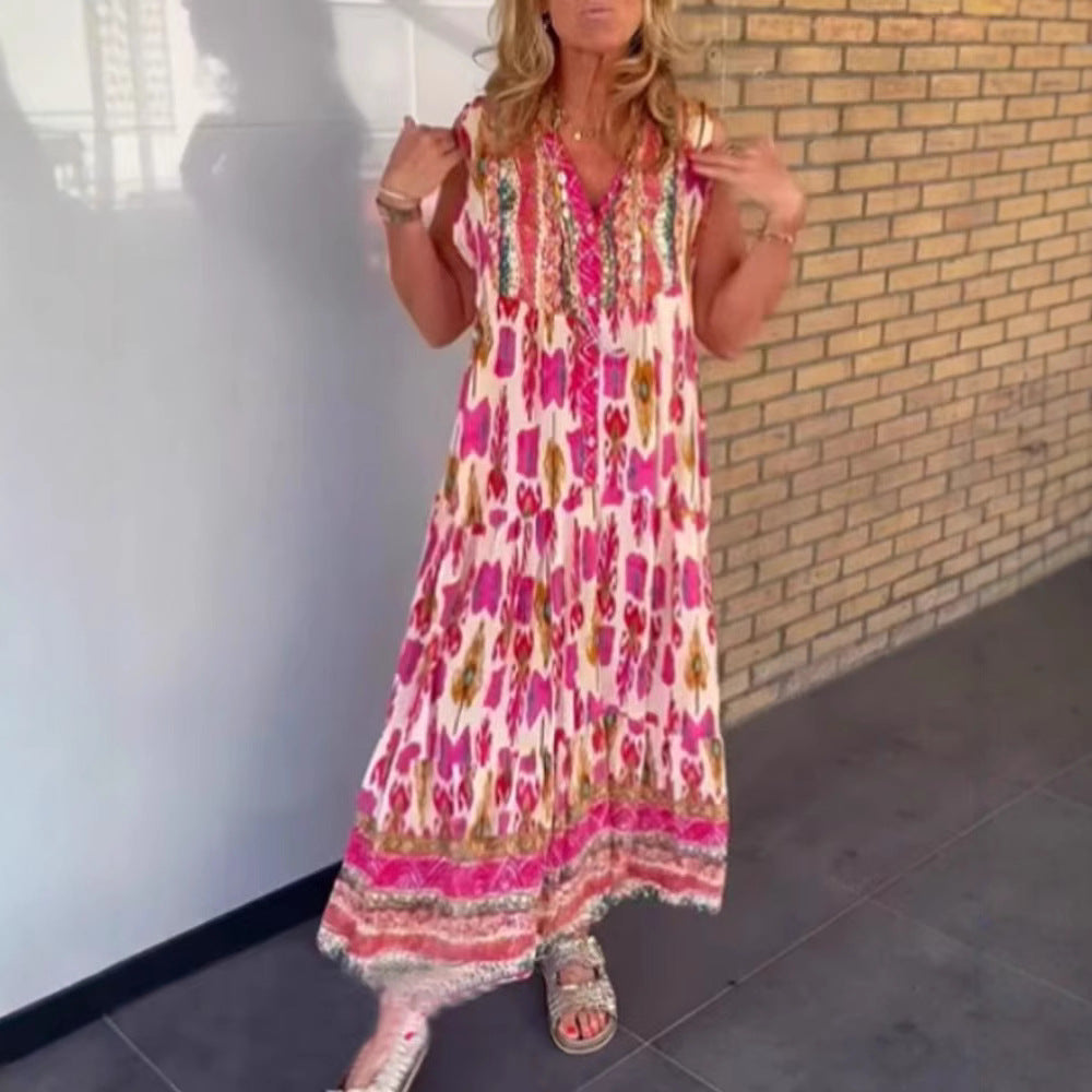 Ladies' flowing maxi dress in boho style with V-neck, tiered skirt and embroidered yoke Mune Fashion