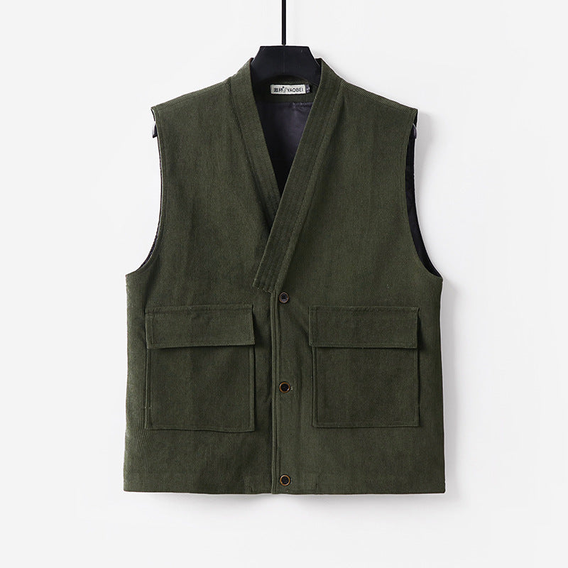 Men's cord waistcoat with V-neck, stand-up collar, and large flap pockets Mune Fashion