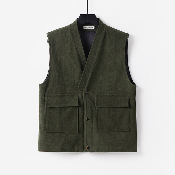 Men's cord waistcoat with V-neck, stand-up collar, and large flap pockets Mune Fashion