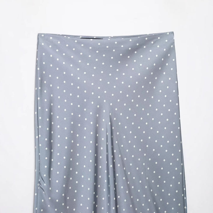 Women’s midi skirt in vintage look with polka dot pattern, high waist fit and flowing satin A-line Mune Fashion