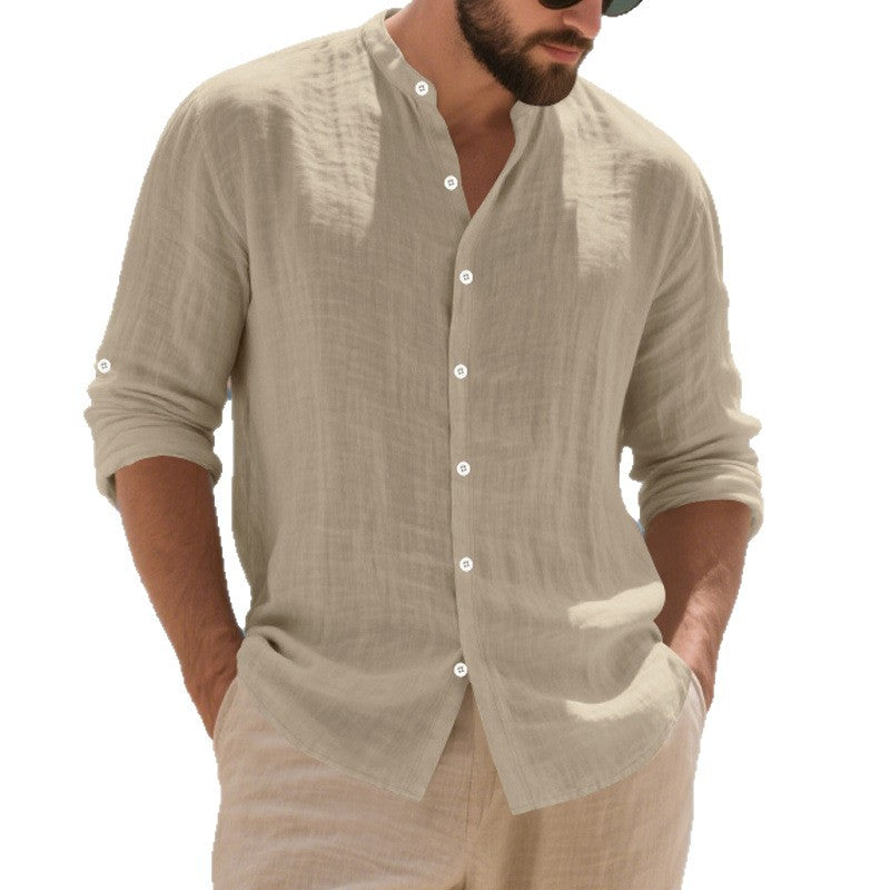 Men's relaxed long-sleeve shirt made of airy linen-cotton blend with Mandarin collar and rounded hem Mune Fashion