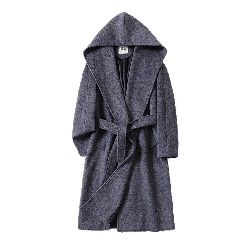 Men's maxi-length hooded coat made of wool blend with tie belt and boxy silhouette Mune Fashion