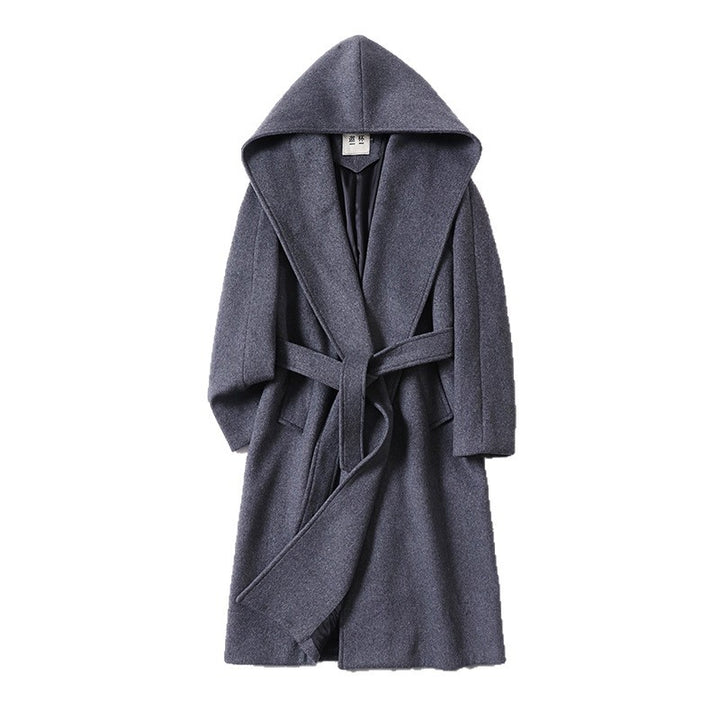 Men's maxi-length hooded coat made of wool blend with tie belt and boxy silhouette Mune Fashion