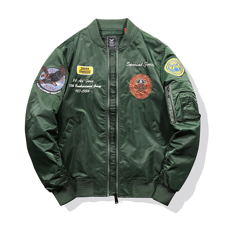 Men's pilot blouson with military patches, arm pocket, and windproof nylon look Mune Fashion