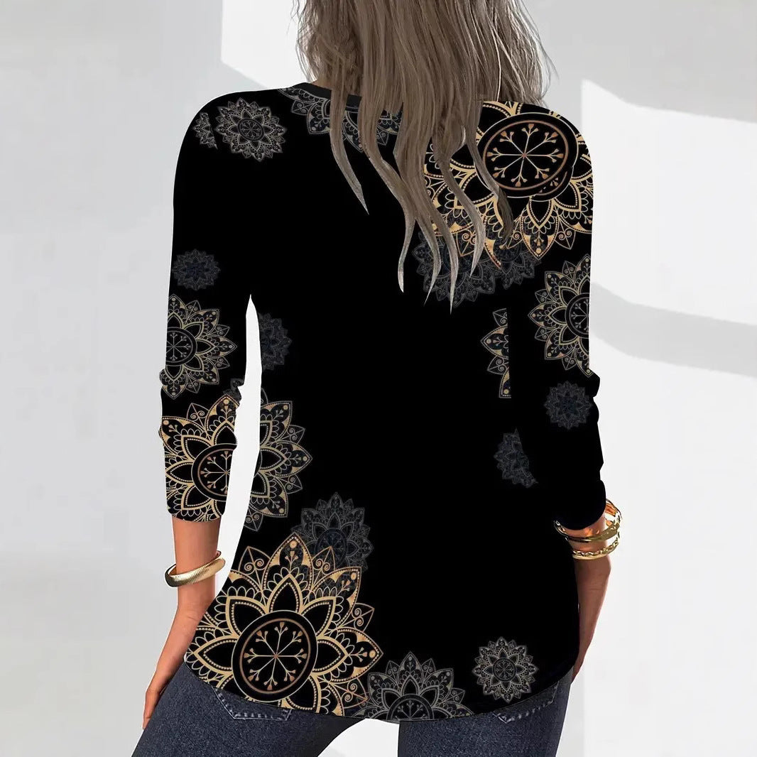 Women's Long Sleeve Shirt with Zipper and Floral Pattern Mune