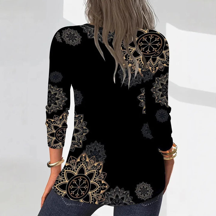 Women's Long Sleeve Shirt with Zipper and Floral Pattern Mune