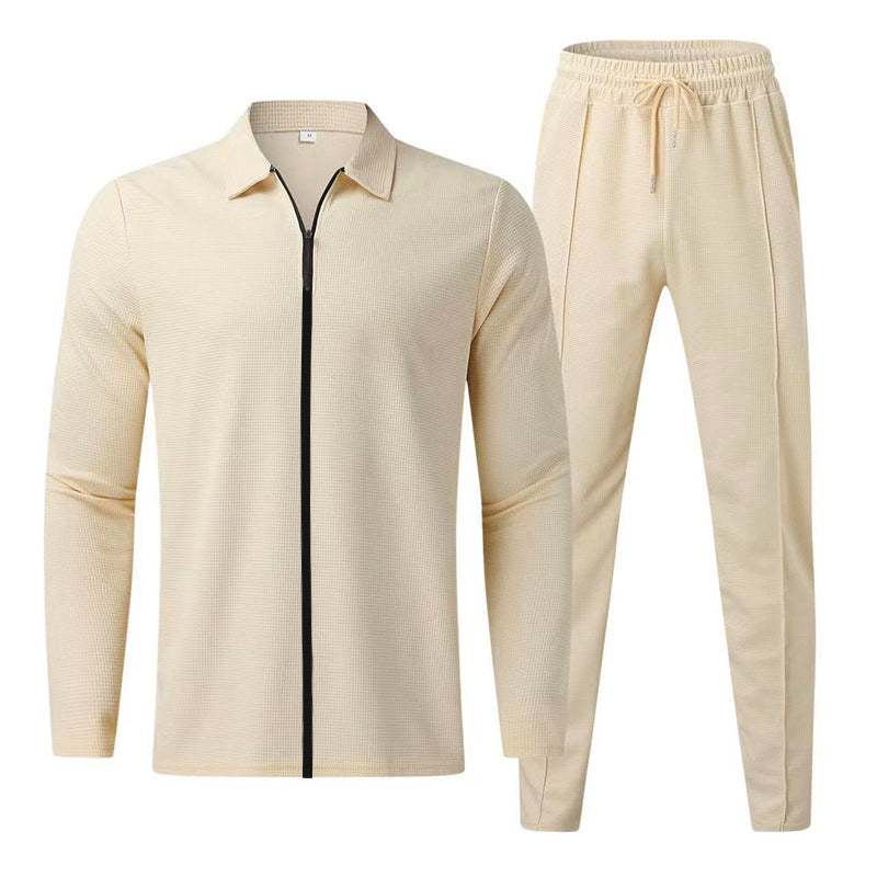 Men's Structured Waffle Loungewear Set with Collar Half-Zip & Drawstring Pants Mune Fashion