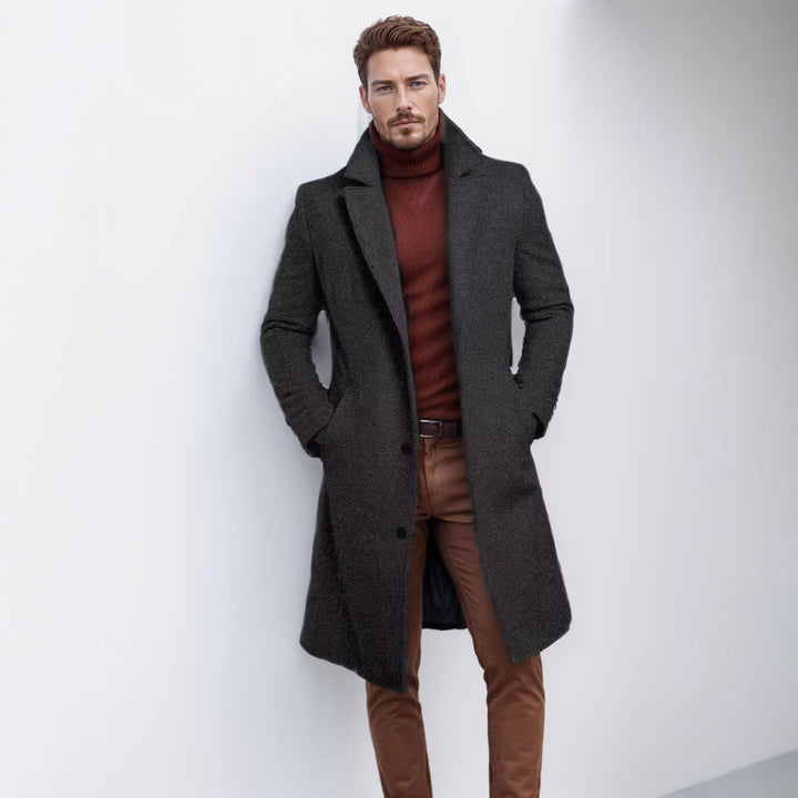 Men's long wool blend coat with bouclé texture, tailored silhouette and classic lapel Mune Fashion
