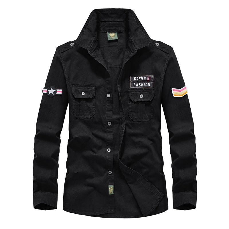 Men's Military Cotton Field Shirt with Patch Applications and Applied Chest Pockets Mune Fashion