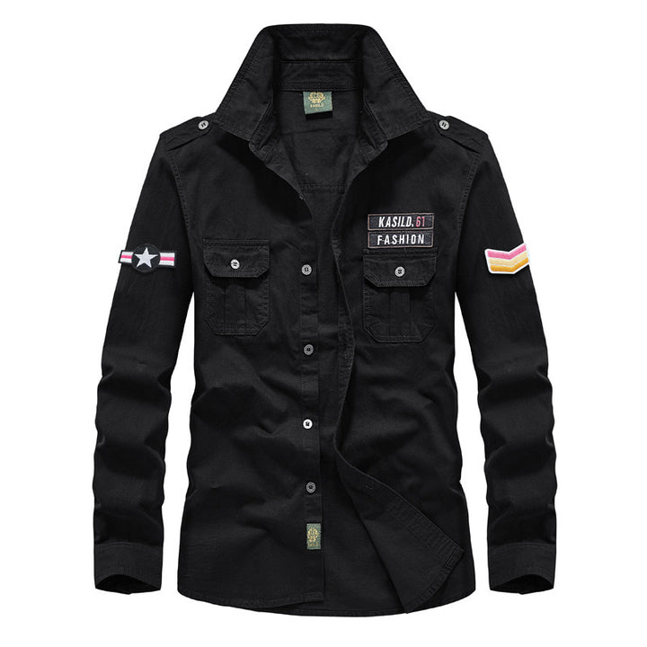 Men's Military Cotton Field Shirt with Patch Applications and Applied Chest Pockets Mune Fashion
