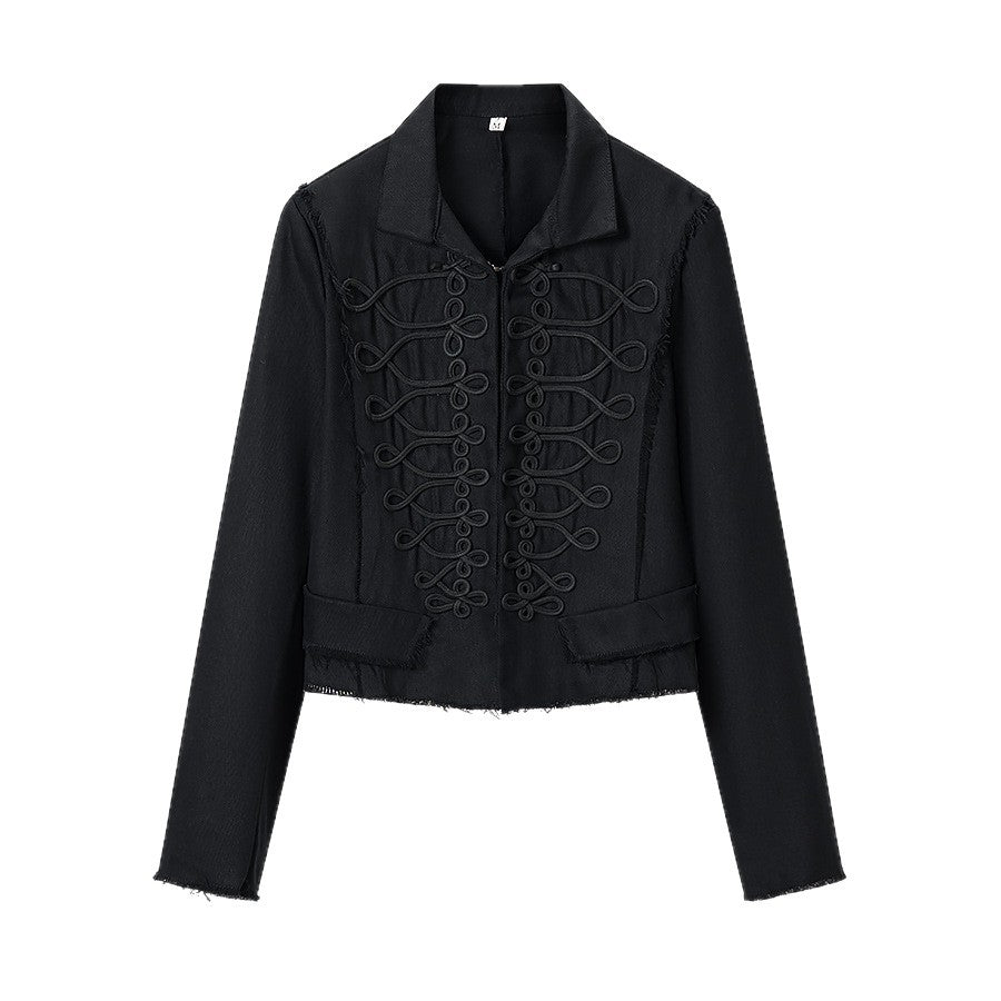 Women Short Military Inspired Jacket with Decorative Cords and Fringed Hem Mune Fashion