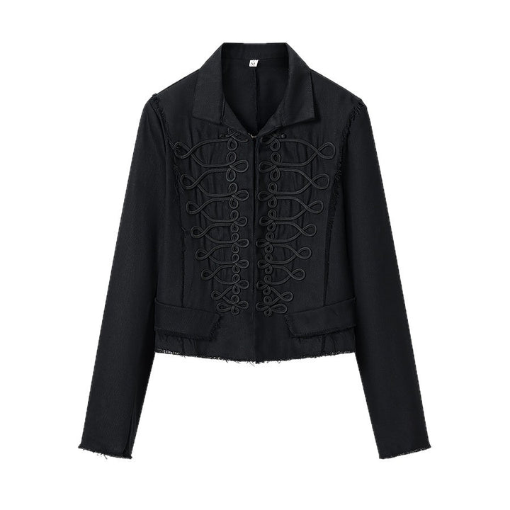 Women Short Military Inspired Jacket with Decorative Cords and Fringed Hem Mune Fashion