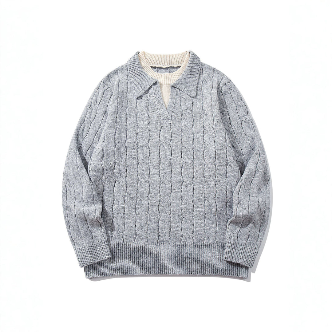 Unisex Structured Cable Knit Sweater with Polo Collar and Deep V-neck Mune Fashion