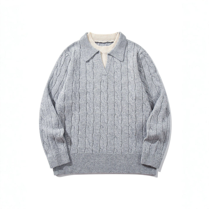 Unisex Structured Cable Knit Sweater with Polo Collar and Deep V-neck Mune Fashion