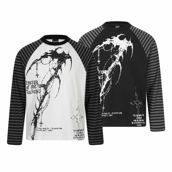 Unisex long sleeve shirt in raglan style with gothic print and striped sleeves Mune Fashion