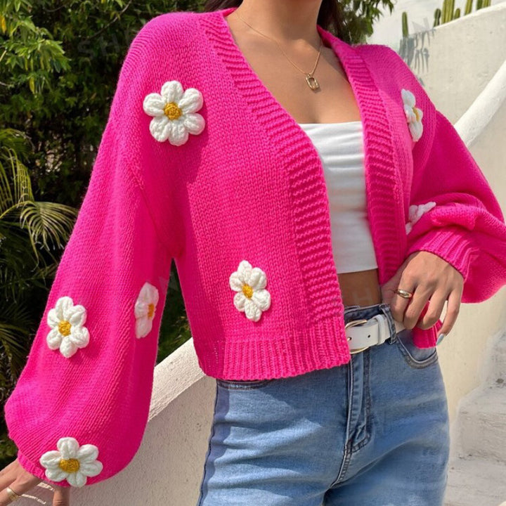Women’s Cropped Cardigan made of cotton blend with 3D flower applications Mune Fashion