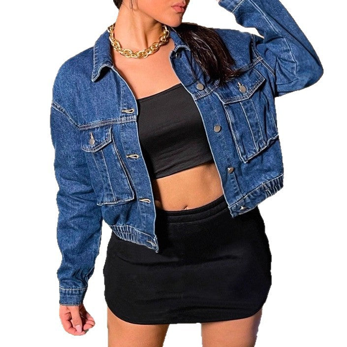 Women’s short-cut cropped denim jacket with elastic waistband and flap pockets Mune Fashion