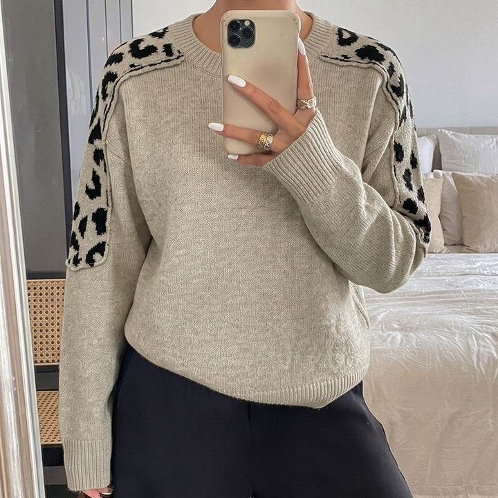 Women's Oversize Knit Sweater with Leo Jacquard Shoulder Inserts Mune Fashion