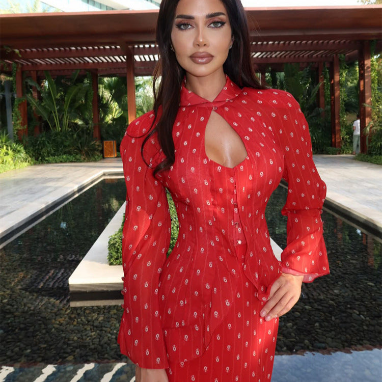 Women's Tailored Midi Dress with Keyhole Neckline, Peplum and Long Puff Sleeves Mune Fashion