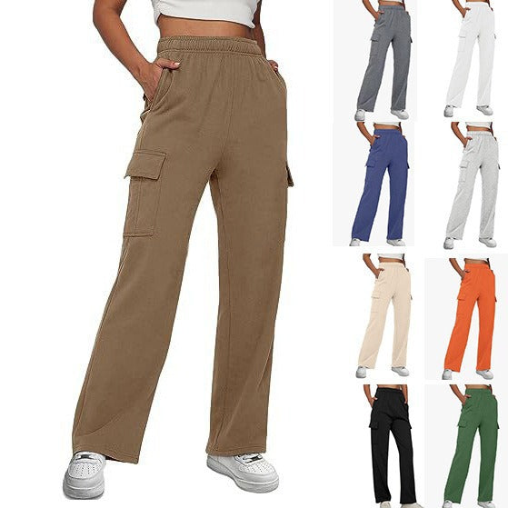 Women's casual cargo leisure pants with wide leg elastic waistband and patch pockets Mune Fashion