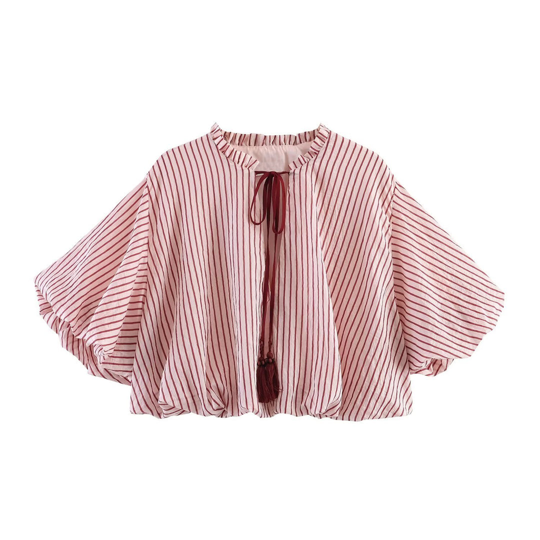 Women's Striped Oversize Blouse with Tassel Band and Volume Sleeves Mune Fashion