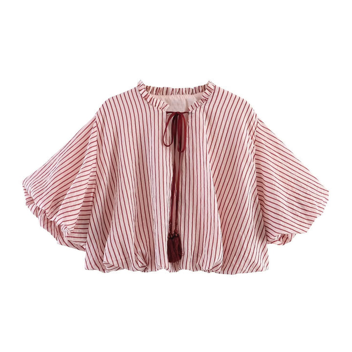 Women's Striped Oversize Blouse with Tassel Band and Volume Sleeves Mune Fashion