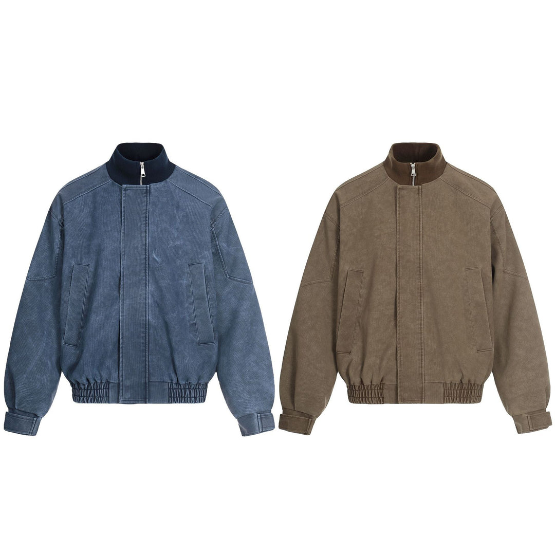 Men's short boxy blouson made of corduroy fabric with high ribbed collar and elastic hem.