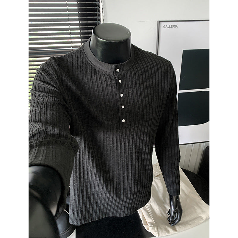 Men's fine knit henley with stand-up collar, ribbed texture and button placket Mune Fashion