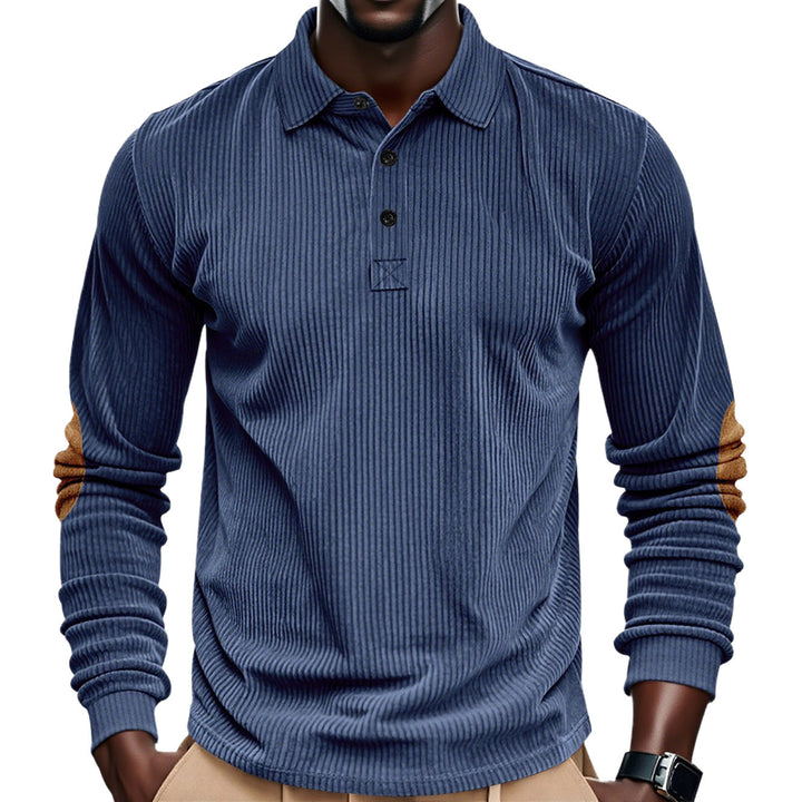 Men's ribbed long sleeve polo shirt with Henley placket and velour-like elbow patches Mune Fashion