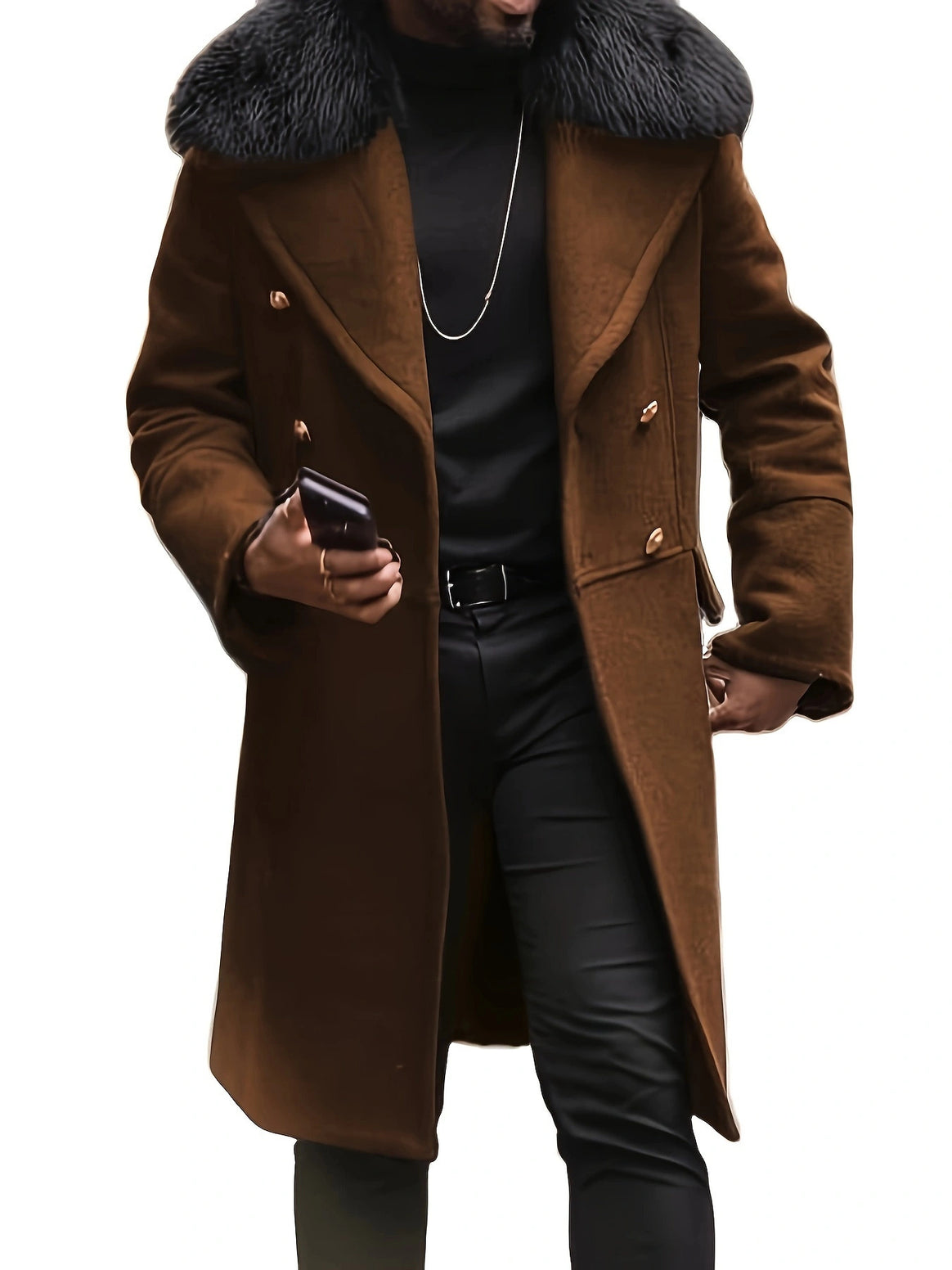 Men's Long Double-Breasted Coat with Voluminous Teddy Collar and Elegant Metal Buttons Mune Fashion